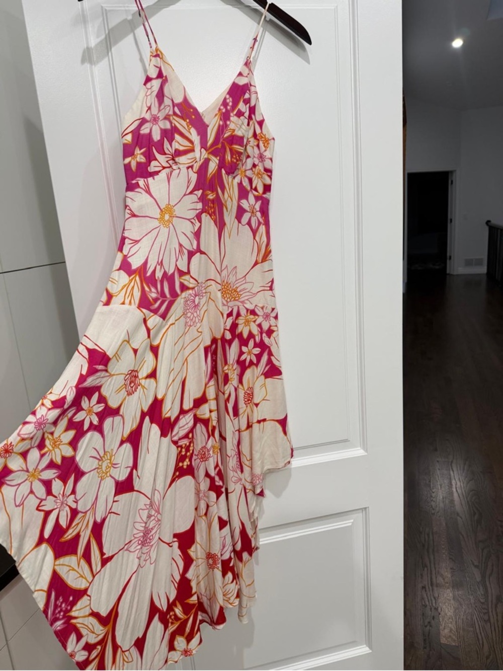 FARM Rio Fuchsia and Cream Floral Asymmetrical Slip Dress